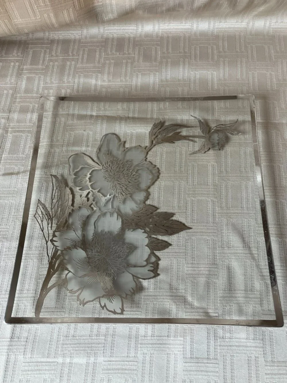 Rockwell Sterling Silver Overlay Peony Floral Square Plate Tray Platter Curved